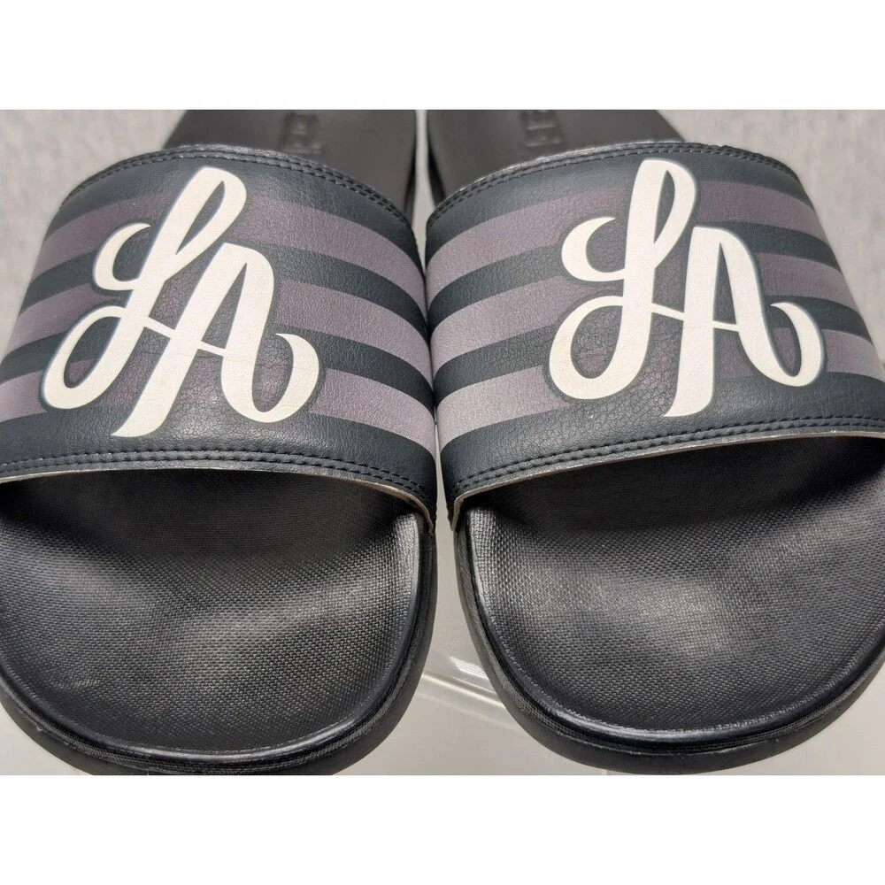 Adidas Originals Adilette Comfort Slides GV8341 Black LA LOGO Grey stripes Sz 10